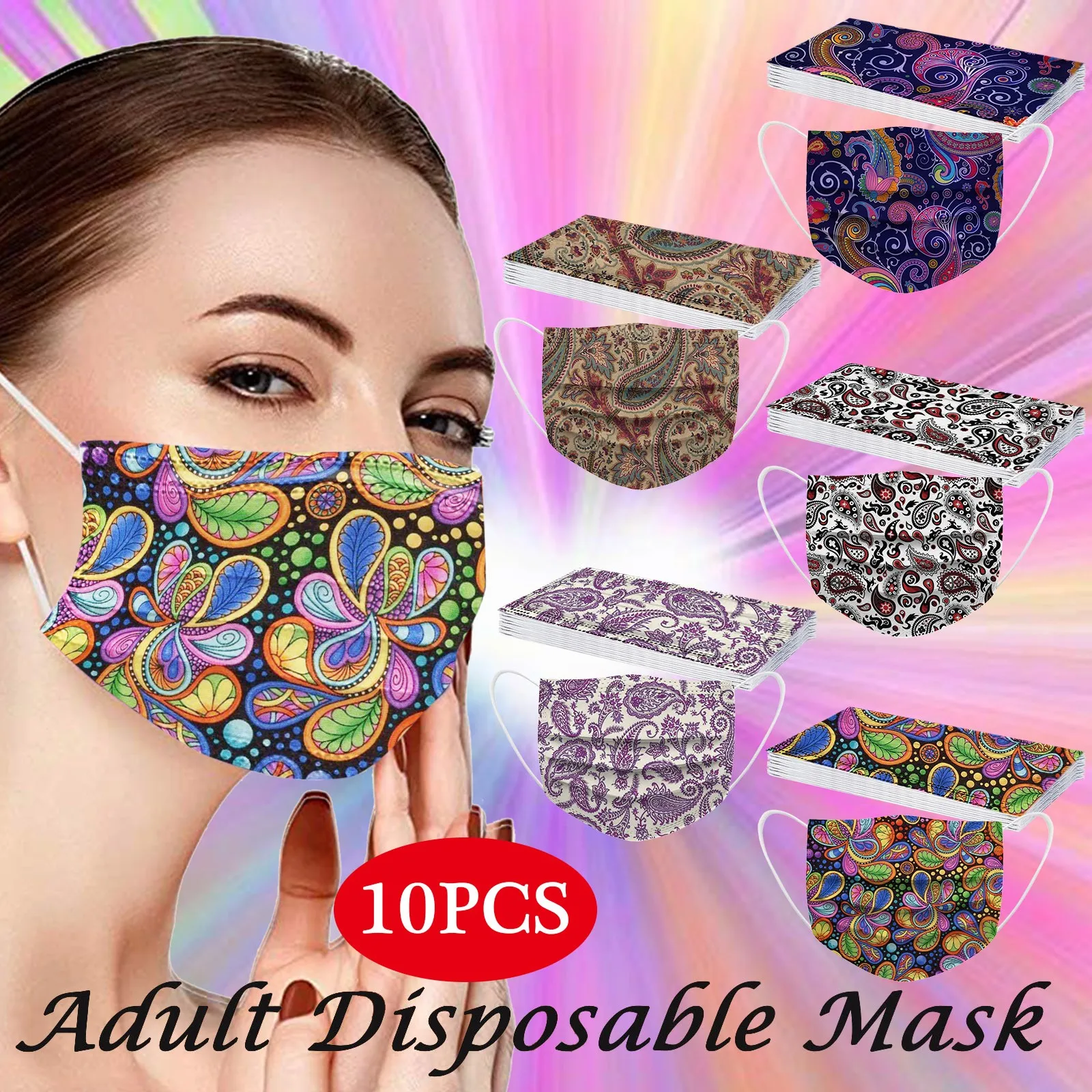 10PCS Adult\'s Mask Paisley Print Disposable Face Mask Industrial 3Ply Ear Loop