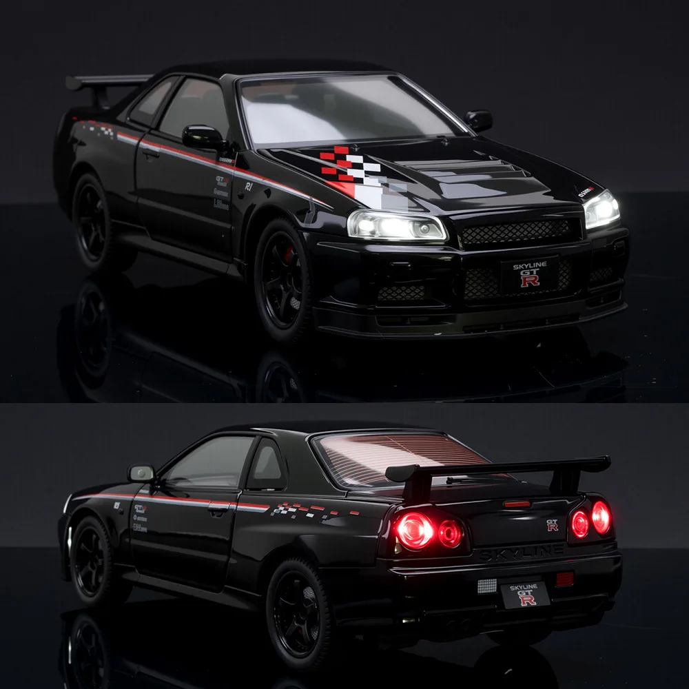 1:24 GTR R34 スカイライン シミュレーション ダイキャストメタル合金モデルカー サウンドライト プルバック コレクション キッズトイ ギフト