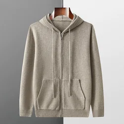 Autumn And Winter Men's 100% Pure Wool Cardigan Warm Zipper Hooded Casual Knitted Cashmere Coat
