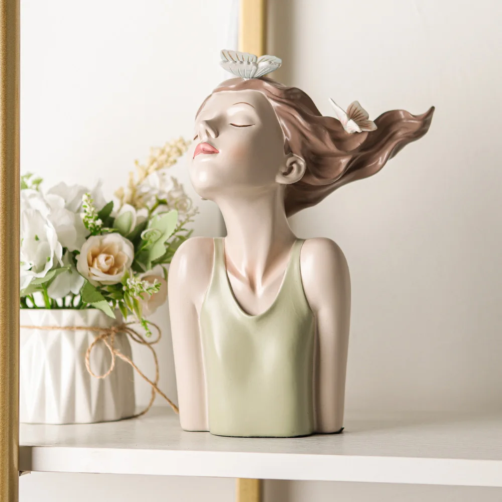 

26cm Resin Decorative Girl Statue with Butterflies, Elegant Home Decor for Modern Interiors, Modern Stylish Lady Bust Statues