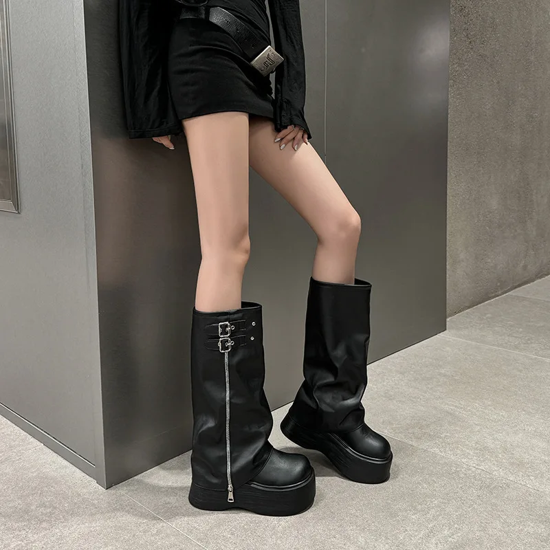 

Motorcycle Women's Boots Winter Fashion Belt Buckle Ladies Elegant Platform Long Boots Casual Knee High Booties