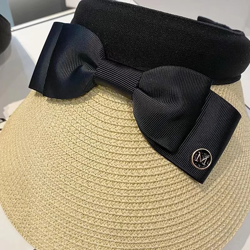 Neue Sommer leere Top Bast Strohhut Frauen Outdoor-Reise Strand Sonnencreme Anti-UV-Reiten Sonnenhut Mädchen große Krempe Bogen Visier Kappe – Detail 14