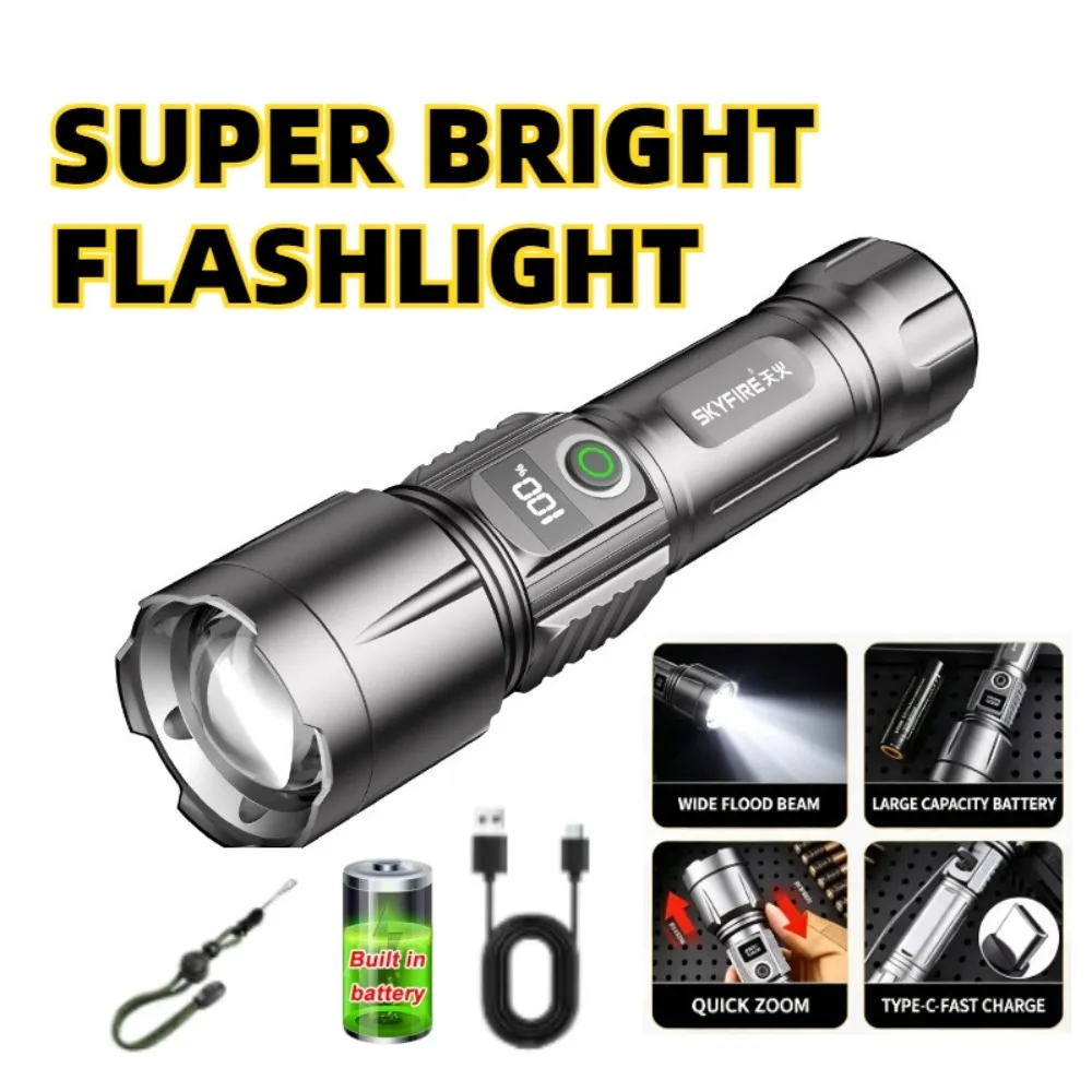 Waterproof Retractable Zoom Flashlight Super Bright Rechargeable Torch for Outdoor Hiking Camping Night Emergency Lighting