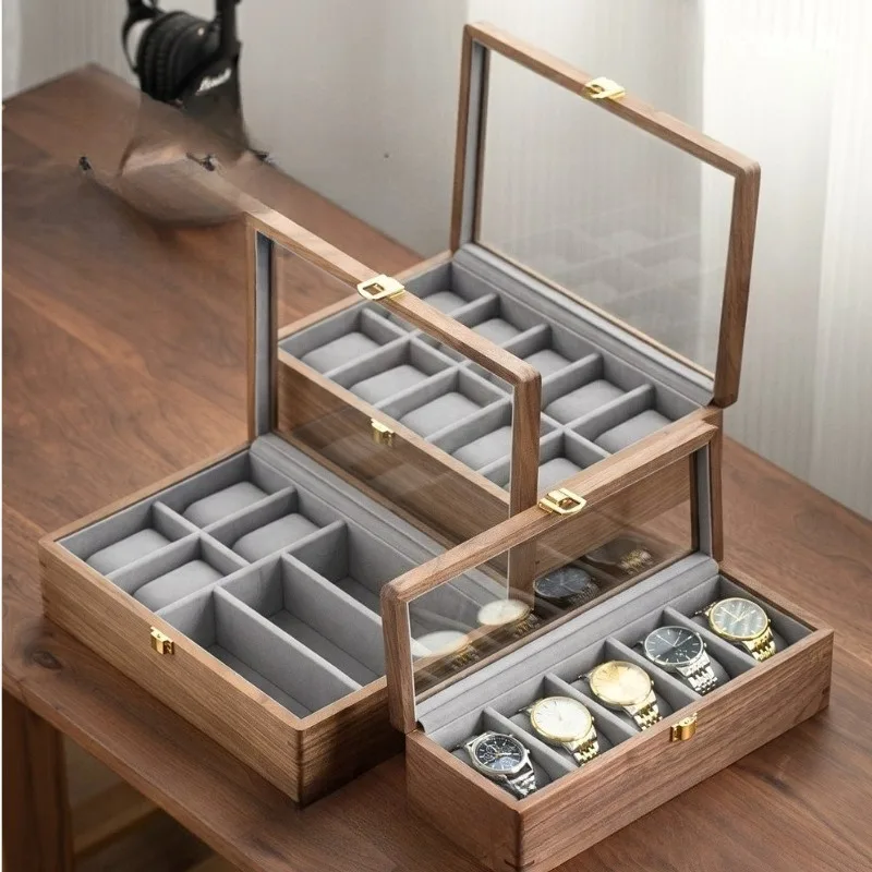 Walnut Wood Watch Box 5/10 Slots Watch Storage Boxes Desktop Watches Display Organizer Case Glass Window Watches Organizer Cases