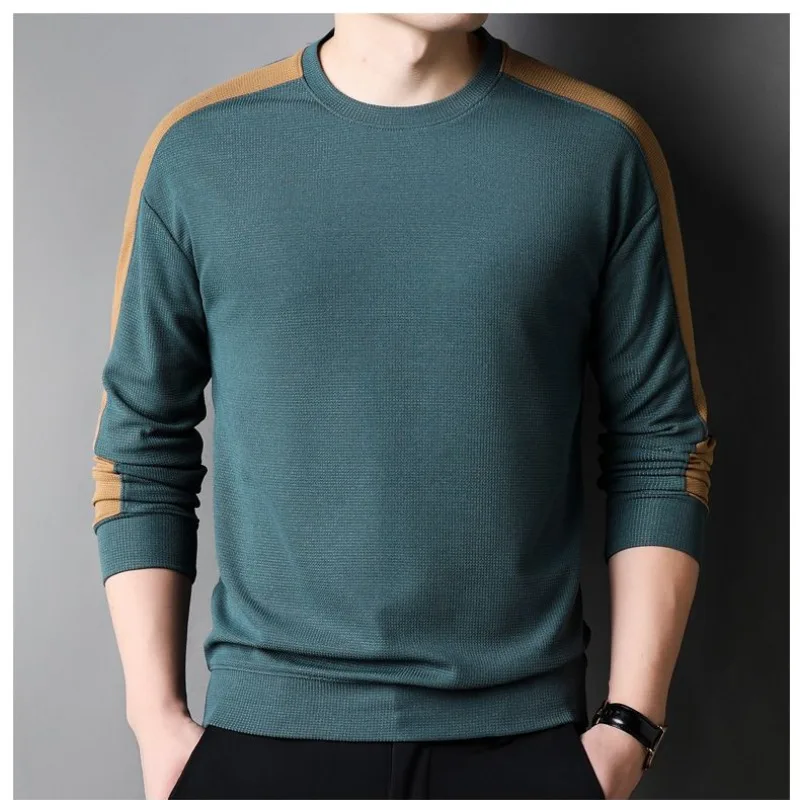 Men's Autumn and Winter New Pullover Round Neck Patchwork Waffle Fashion Solid Fit Commuter Long Sleeved Knitted Bottom Tops