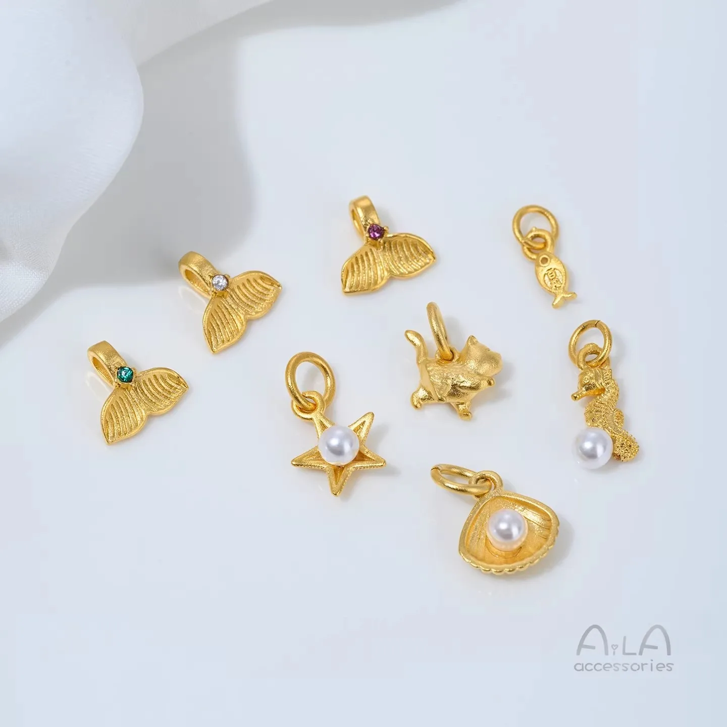 Gold Plated Brass Zircon Inlaid Fish Tail Star Seahorse Shell Bezel Pendants DIY Jewelry Accessories