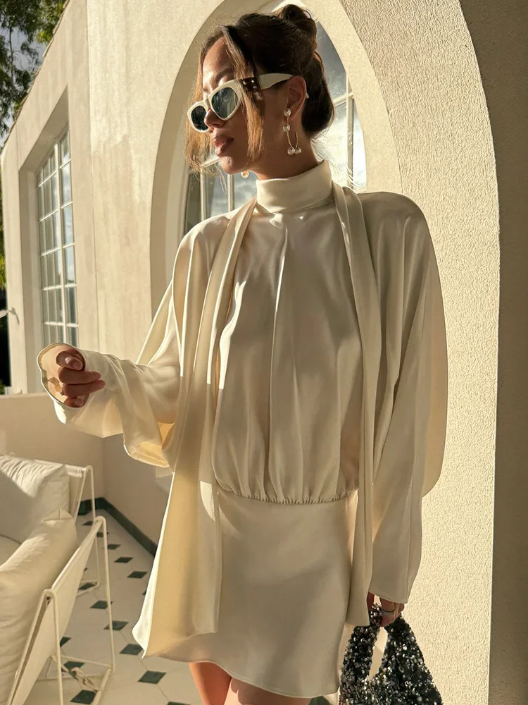 HH レディース 2025 ファッション シルクサテン風 スカーフデザイン 蝶ネクタイ ショートドレス 女性らしい気質 ハイネック 長袖 カジュアルドレス