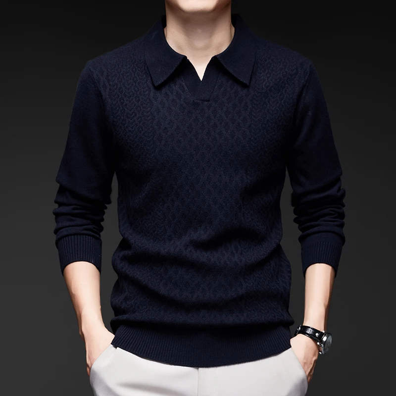 High quality fashion knitted long sleeve T-shirt men's autumn personalized jacquard polo shirt casual new warm V-neck sweater
