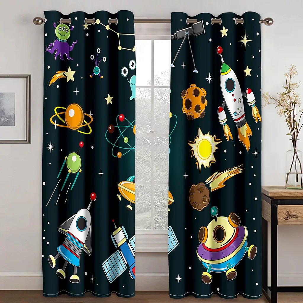 3D Kid Cartoon Astronauts in Space Star the Universe Children's 2 Pieces Shading Window Curtain for Living Room Bedroom Decor