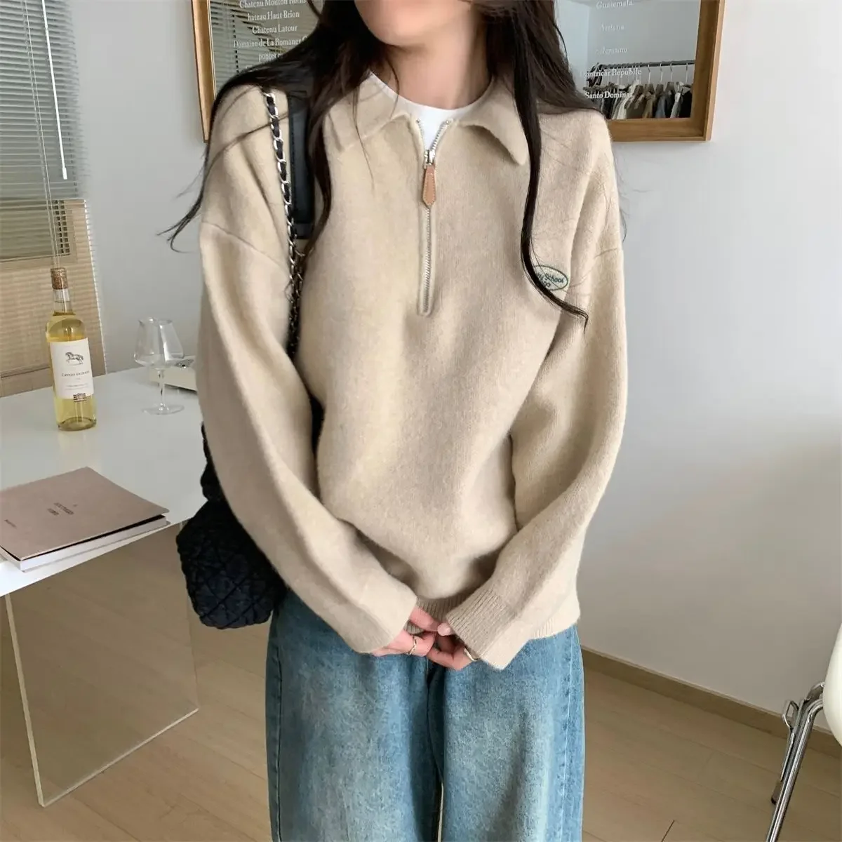 Half Zipper POLO Neck Sweaters Women Girls Vintage Preppy Sweatshirt Jumper Gray Khaki Loose Long Sleeve Pullover Korean Fashion