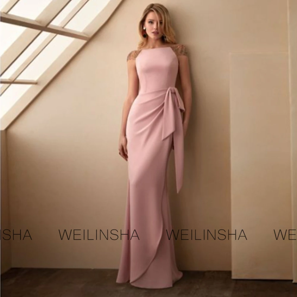 Vintage Wedding Guest Dresses Crepe Fabric Column Formal Evening Dress Pink Boat Neck Beads Bow Ruffles Class Wedding Mom Dress