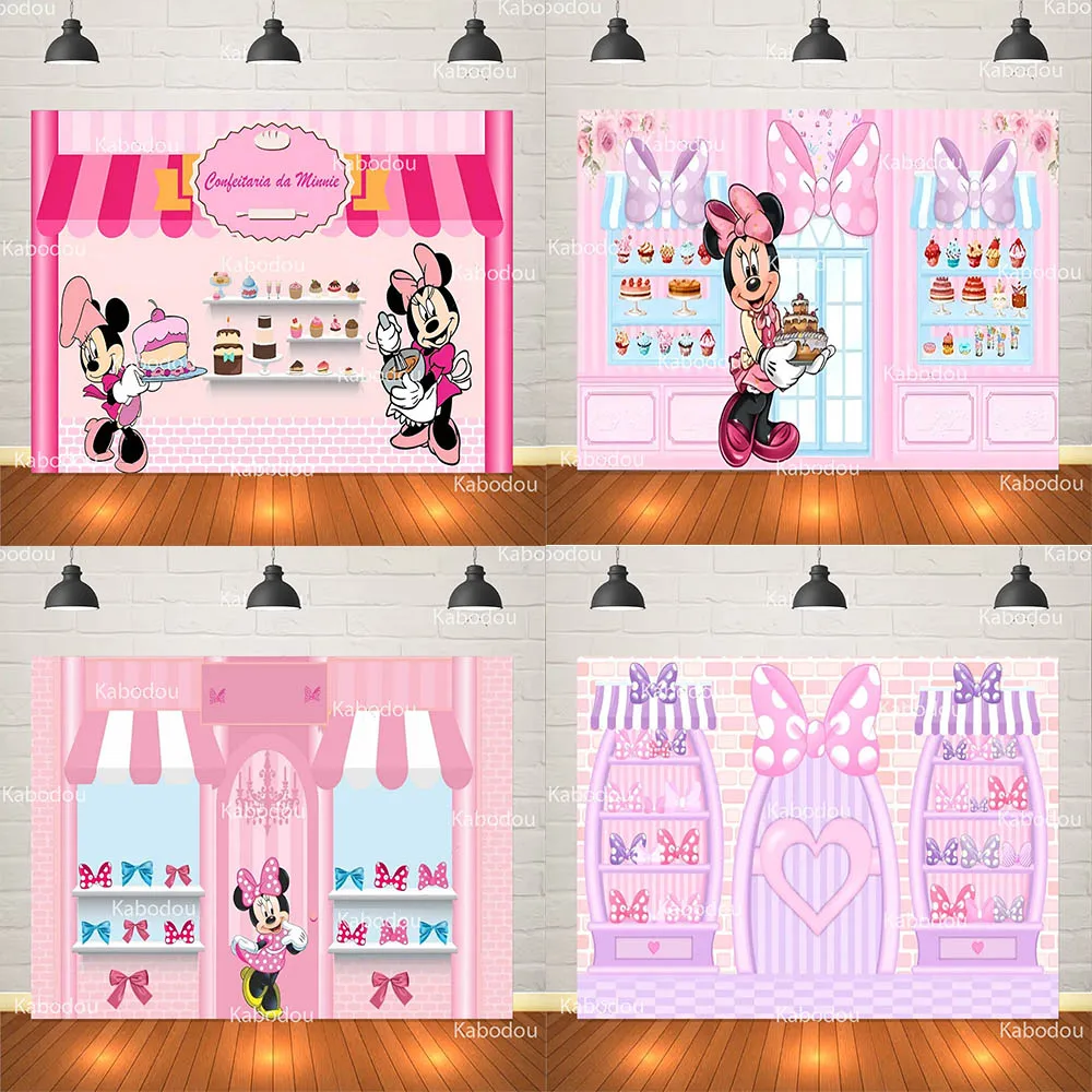 Fondo de tienda de postres de Minnie, decoración de fiesta de cumpleaños para niños, fondo de fotografía, cartel, utilería de estudio para Baby Shower
