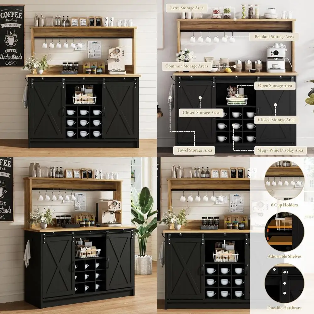 

47 Black Coffee Bar Cabinet with Storage, Hutch, Sliding Door, and 9 Wine Racks for Dining or Living Room
