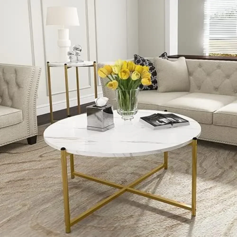 Coffee Table Set of 3,Modern Faux Marble Top with Golden Frame,1 Coffee Table & 2 Accent Table, Living Room Table Set