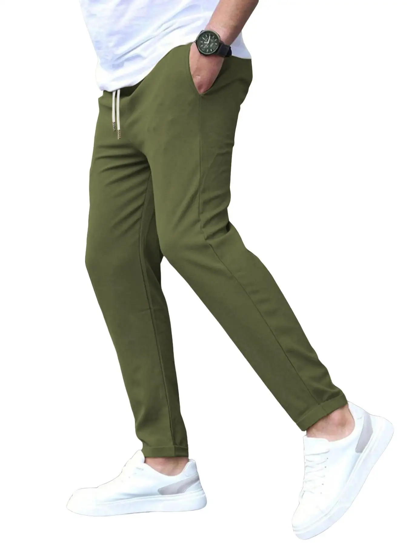Men's Solid Color Drawstring Waist Pants, Regular Fit Casual Comfy Pocket Trousers for Spring & Fall, Men's Bottoms for Daily We