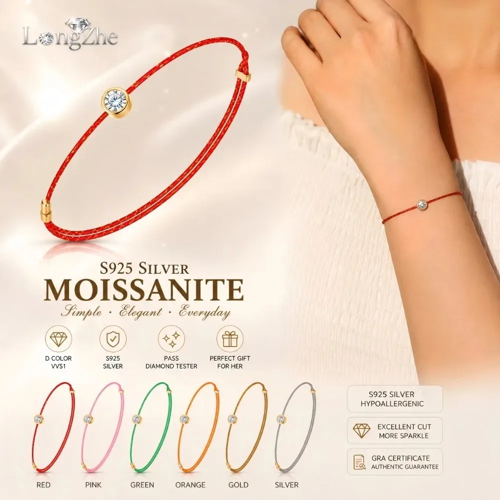 

S925 Silver Moissanite Red String Bracelet 4mm 0.3CT D Color VVS1 Lucky Cord Bracelet For Women Men Gift Jewelry