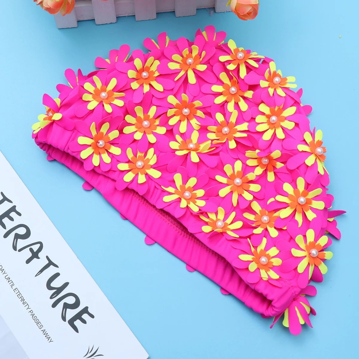 

Women's Floral Pearl 3D Embellished Swimming Cap Comfortable Fit Adult Swim Hat Bright Fashion Design for Pool Or Beach Use