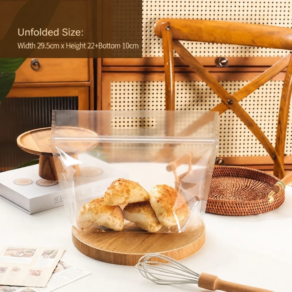 50pcs/Lot Transparent Bread Packaging Bag Handheld Handle Self-Sealing Zipper Toast Storage Bag English Pattern Hand Tear Design