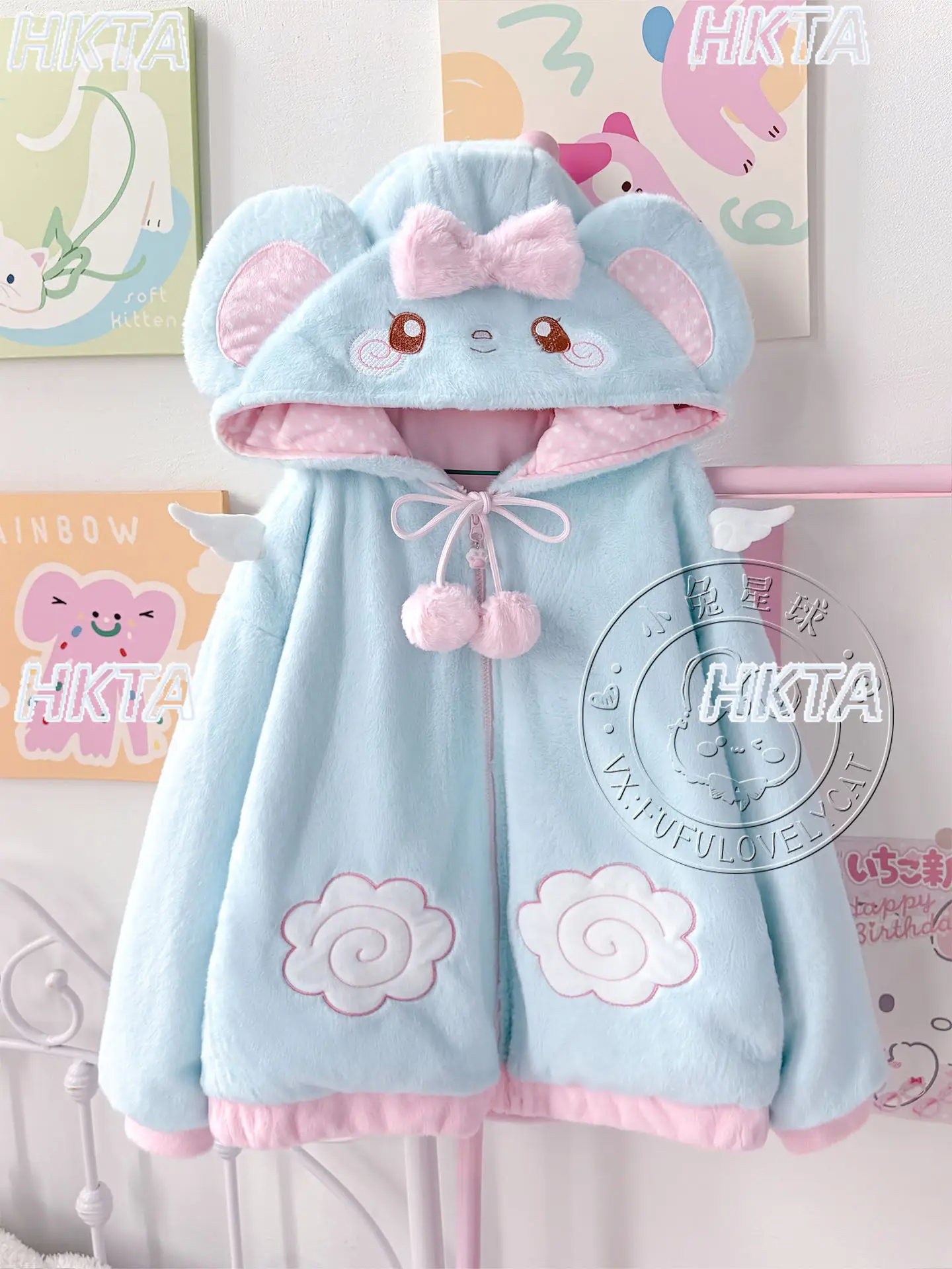 

Японские милые бархатные свободные зимние теплые кавайные куртки с капюшоном в стиле Лолиты с вышивкой и бантом на молнии, женские комплекты мини-юбок