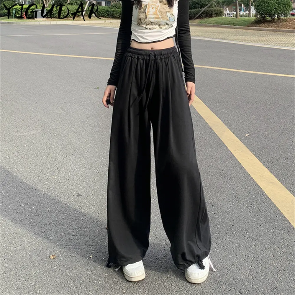 

2023 Korean Chic Style Summer Women's Fashion Solid Color Linen Wide-leg Pants Casual Trousers Loose Cothing Female body