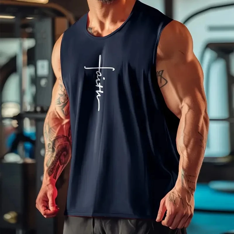 

Simple Faith Letters Graphic Sports Vest For Men Fashion Trend Fitness 3D Printed Tank Tops Loose Breathable Quick Dry Gym Tops