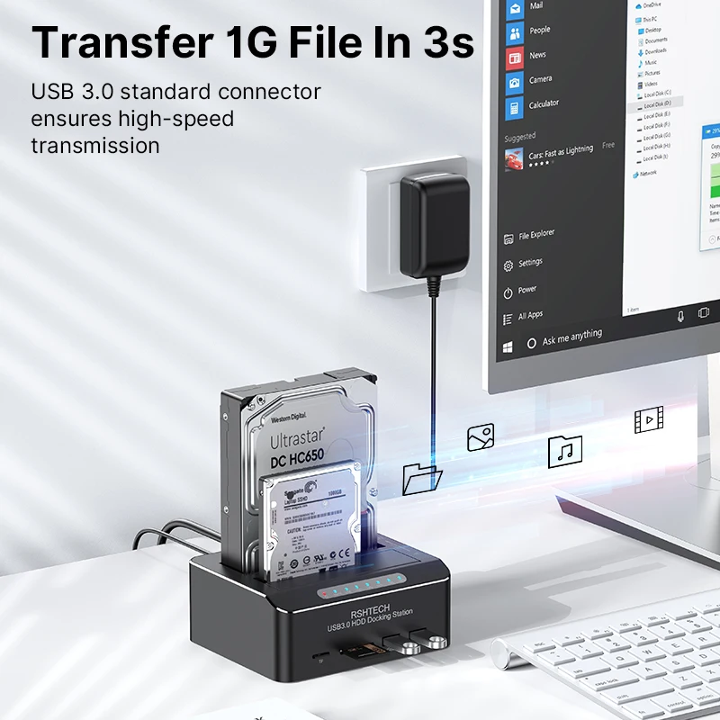 RSHTECH stasiun Dok Hard Drive, perangkat keras SATA ke USB 3.0 Dual Bay Adapter Dengan SD/TF untuk 2.5/3.5 "SSD HDD Offline closure