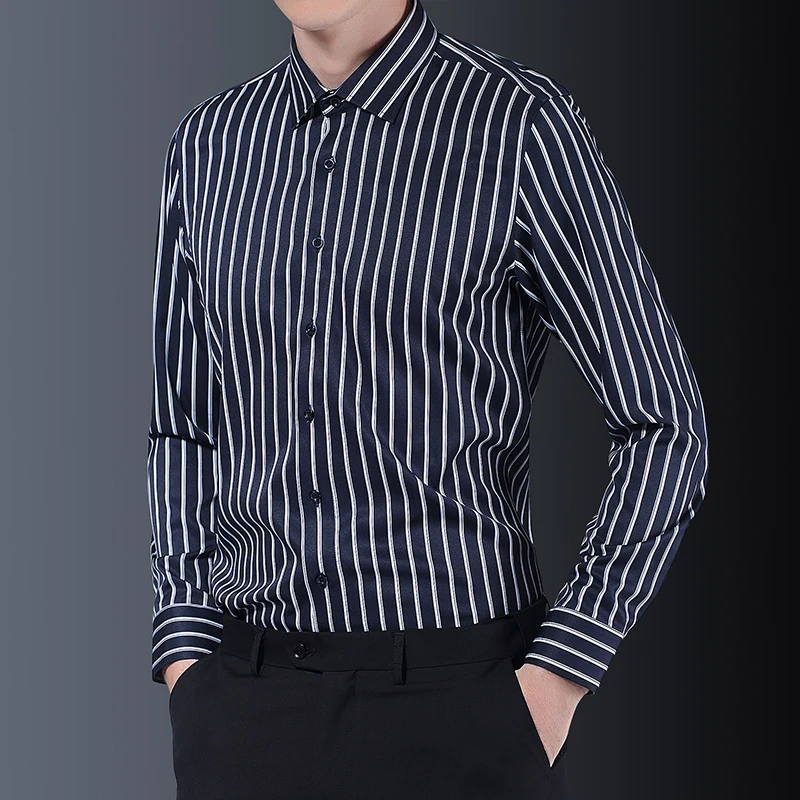 Classic Men's Striped Long-sleeved Shirt Spring New Business Fashion Slim Fit Shirt Man Brand Casual Clothes images - 6