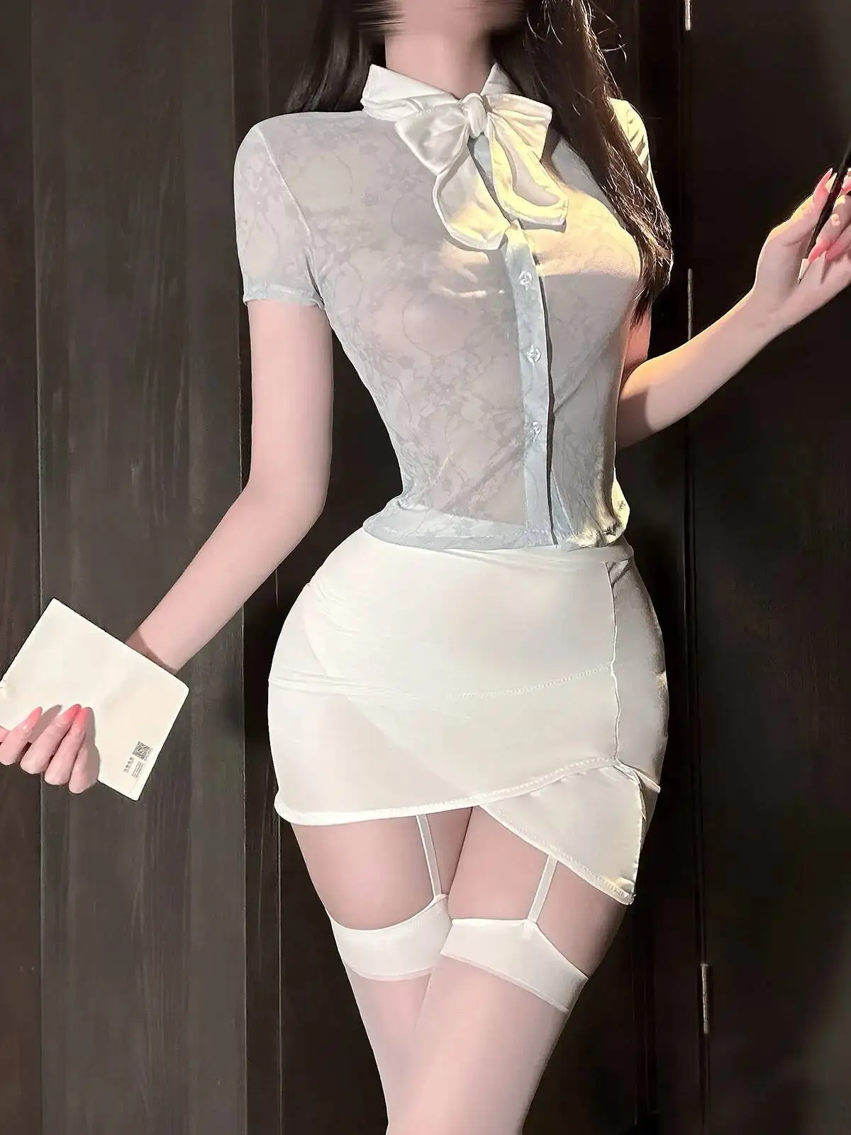 Sexy Pure Desire Kleid im lässigen Stil, bezaubernder Schleifenanzug, Rollenspiel-Sekretärkleid, kurzärmeliges Wickel-Hüftkleid, elegant, 2VZP