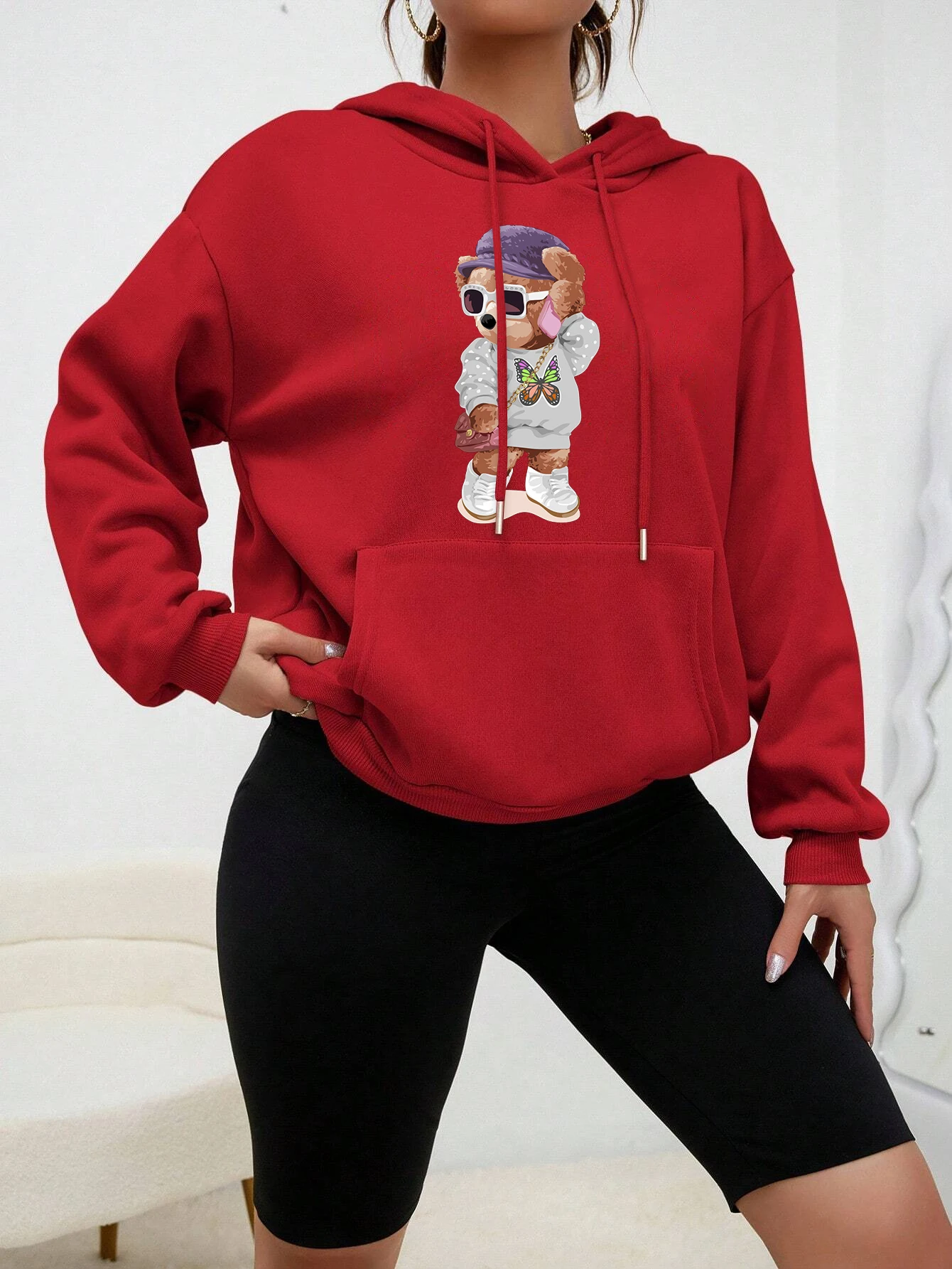 Stylish Teddy Bear Girl Cute Printing Hoody Women Cartoon Comfortable Hoodies New Fleece Streetwear Casual Female Pullovers