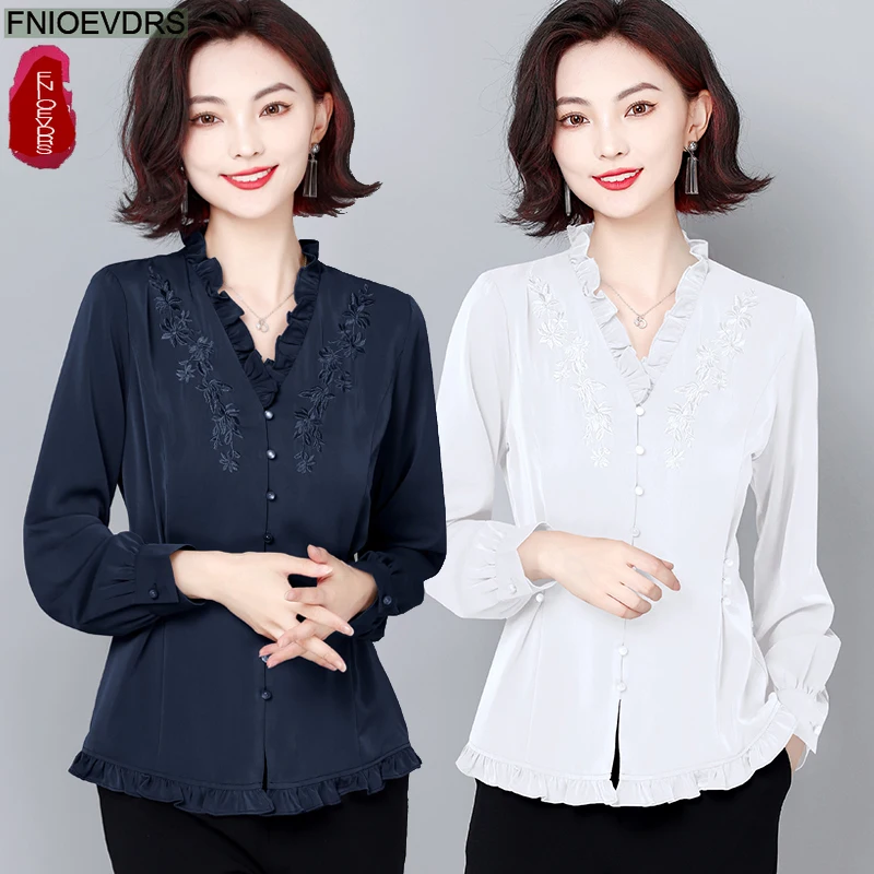 레트로 빈티지 러플 탑 블라우스 가을 봄 여성 긴팔 솔리드 자수 꽃무늬 그린 퍼플 화이트 기본 셔츠