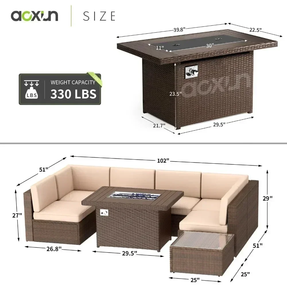 Conjunto de móveis para pátio externo, 8 peças com mesa para fogueira de 40 '', conjuntos de conversa de vime para pátio em forma de L, conjunto de móveis para exterior