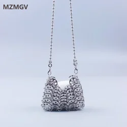 Fashion Hand Woven Mini Metal Sequins Chain Crossbody Bag Gold Silver Shiny Hollow Out Evening Bag Small Lipstick Clutch Bag