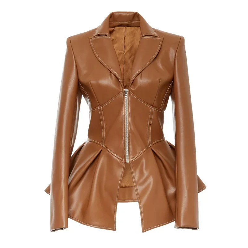 Women\'s Autumn Jacket 2024 New Turn-Down Collar Full Sleeves High Waist Zippers Short PU Leather Coat Faux Leather Corset Jacket