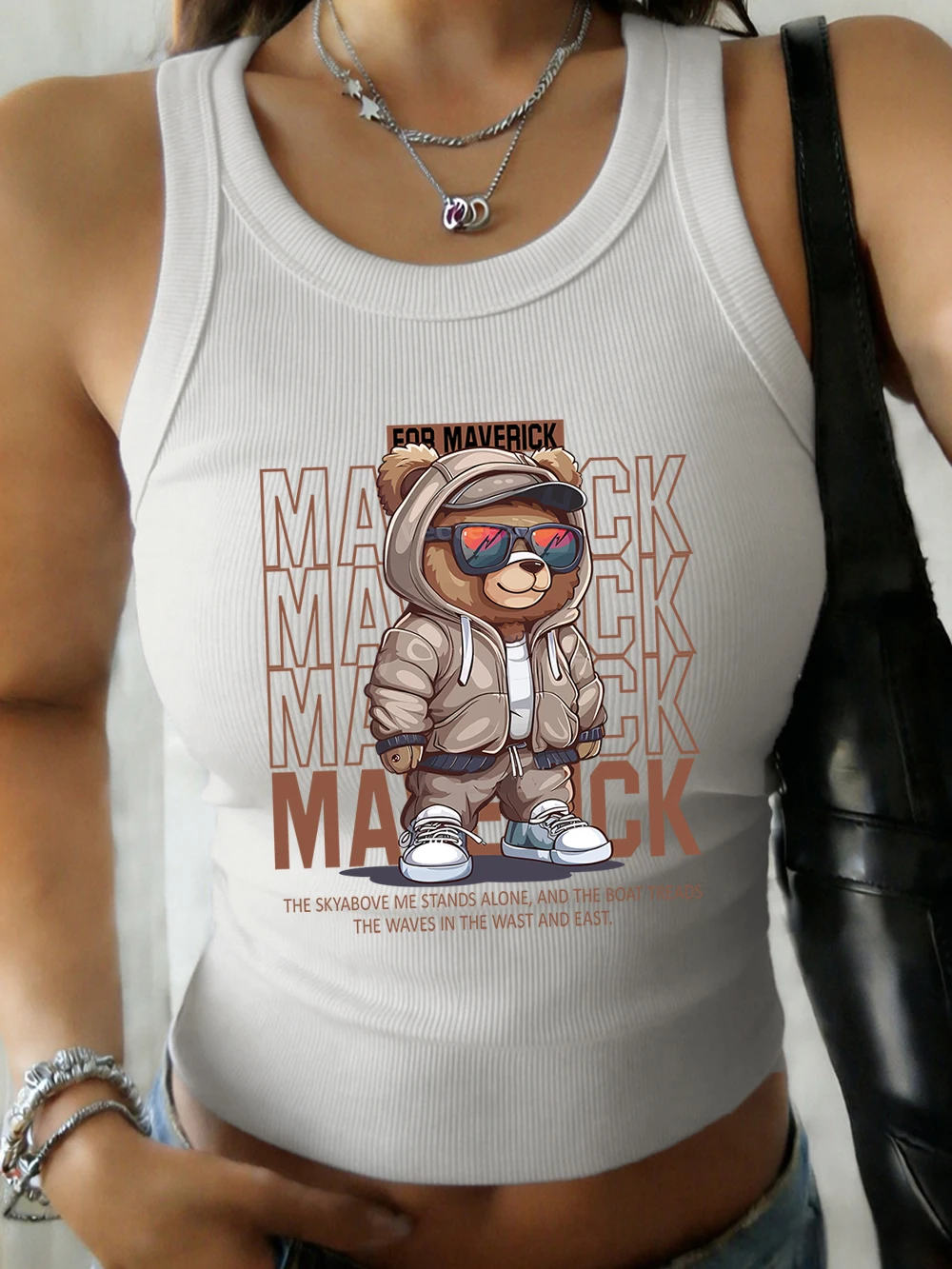 Canotta basic in cotone da donna For Maverick Sport Bear Prints, estiva, slim, morbida, casual, girocollo, elastica, senza maniche