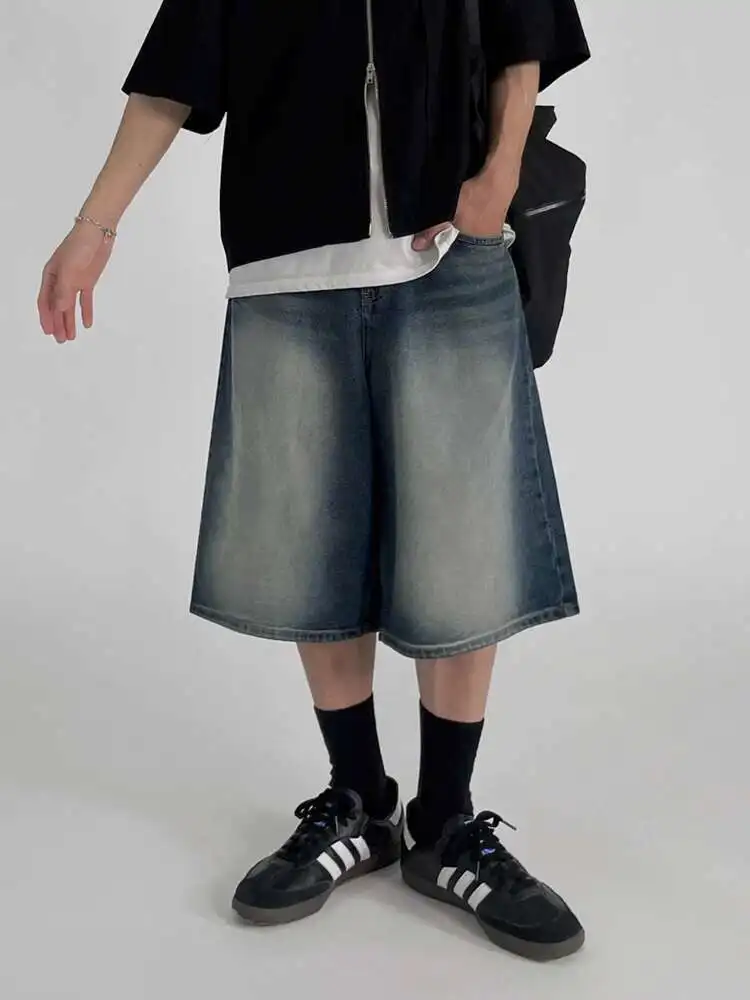 

SYUHGFA Korean Style Men's Trendy Wide Leg Denim Shorts 2025 Summer High Street Loose Straight Casual Jeans Male Bottoms New