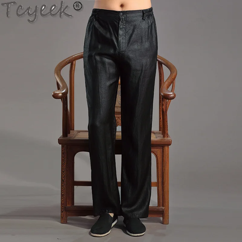 Tcyeek 100% Mulberry Real Silk Long Pants Men Spring Summer Mens Pants Casual Straight Trousers for Men 2024 Pantalones Casuales