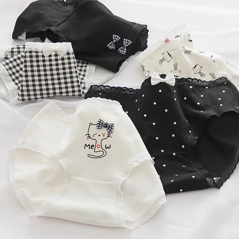 Japanese Simple Black and White Cat Print Cute Girl Underwear Ladies Cotton Crotch Bag Hip Mid Waist Student Briefs