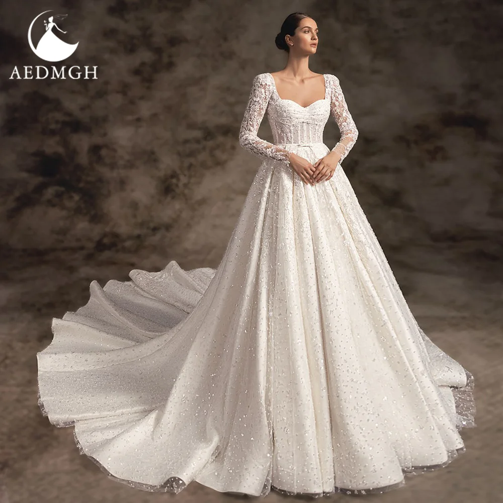 

Aedmgh A-Line Luxury Wedding Dresses 2024 Scalloped Long Sleeve Vestido De Novia Lace Beaded Sequined Shiny Robe De Mariee