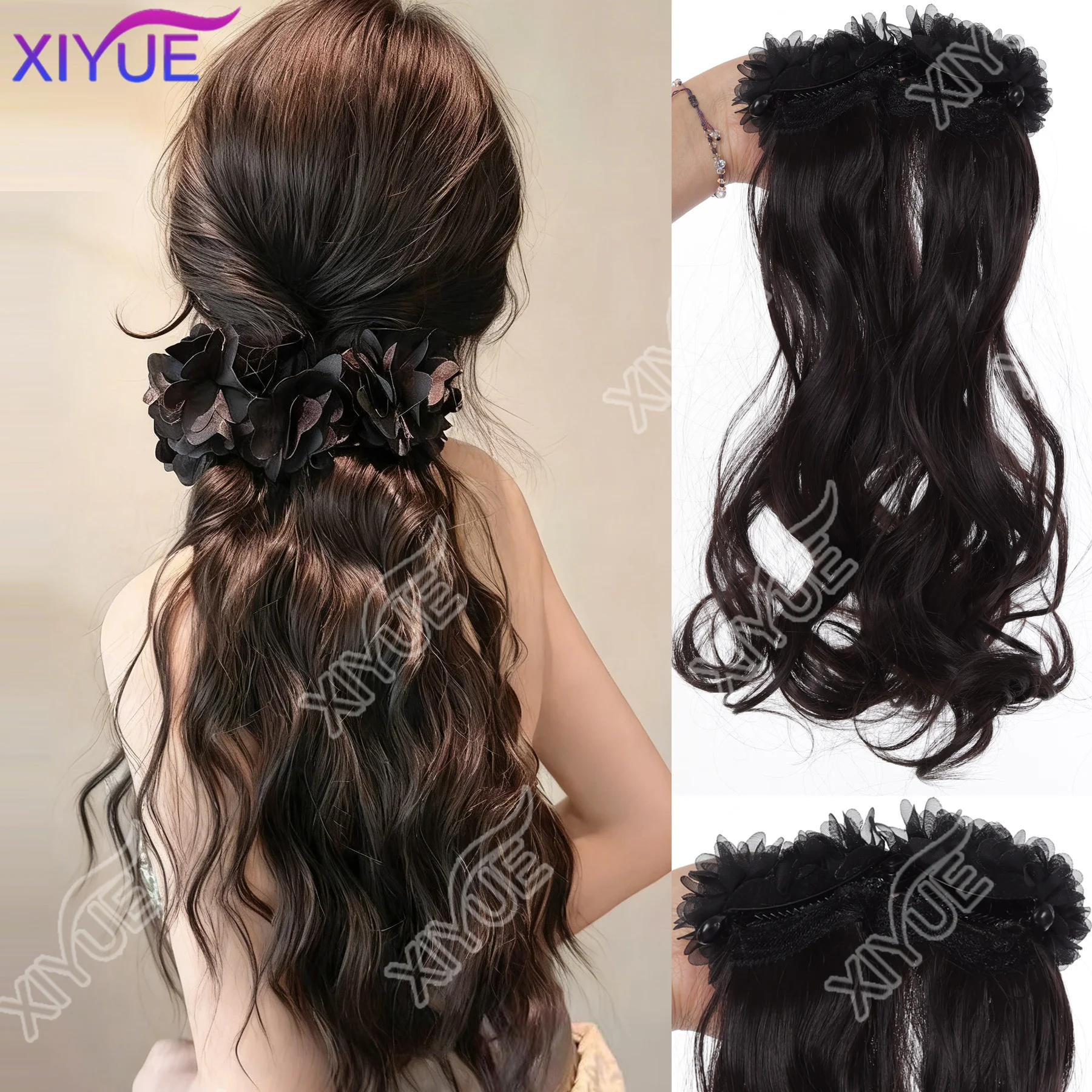 

XY синтетический зажим-банан, длинный волнистый хвост, синтетический зажим для наращивания волос, пушистый черный парик с хвостиком и аксессуаром для волос