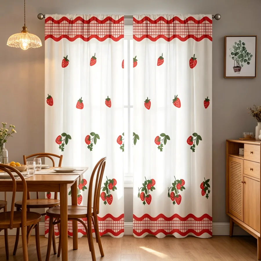2PCS Digital Print  Curtain, Strawberry Wave Plaid, Rustic Farmhouse Window Treatment Drape for Bedroom Kitchen Decor