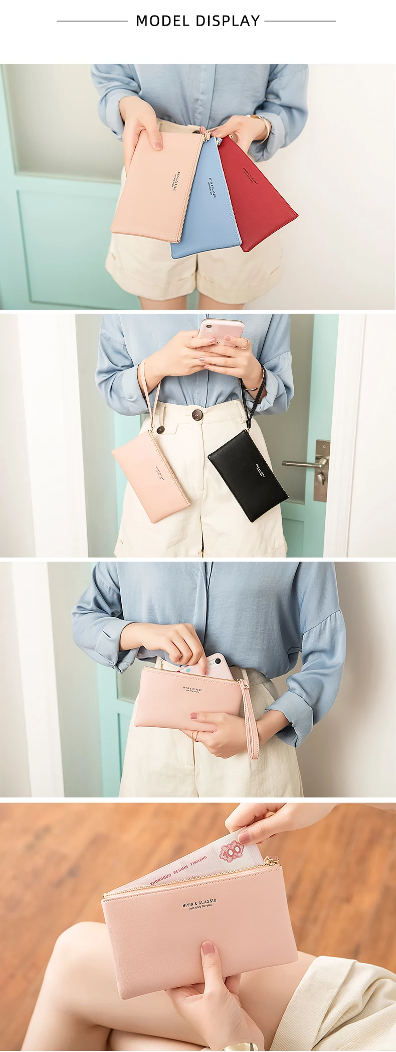 Neue minimalistische Geldbörse mit Reißverschluss, hochwertige PU-Leder Kreditkarten- und Handy-Aufbewahrungstasche, ultradünne Damen-Langbörse, Handtasche – Detail 3