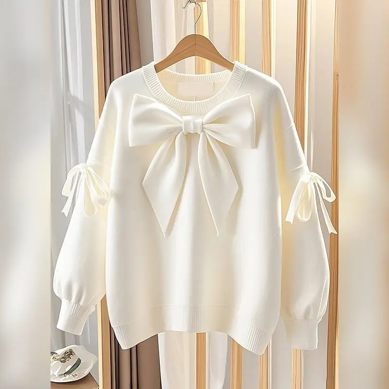 

2025 Autumn New Knitted Coat Women Fashion Bow O-neck Red Sweatshirts Loose Lantern Sleeve Lace Up Tops Mujer Sweater