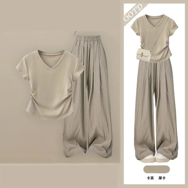 

2025 Women's Summer New Fashion Tracksuit Matching Set Korean Elegant Short Sleeve T-shirt Top+Casual Pants Two Piece Suit