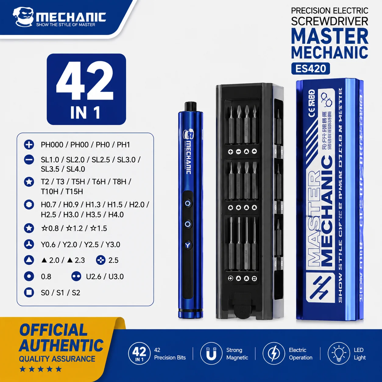 MECHANIC ES420 42-in-1 Electric Precision Screwdriver Set Magnetic Bits LED Light Electric Manual Dual Mode for Phone PC Repair