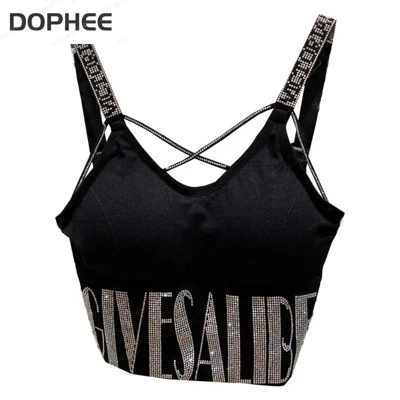 

2022 New Spring Summer Women Bottoming Camis Hot Drilling Letters Shoulder Strap Slimming Camisole Chest Pad Crop Tube Top