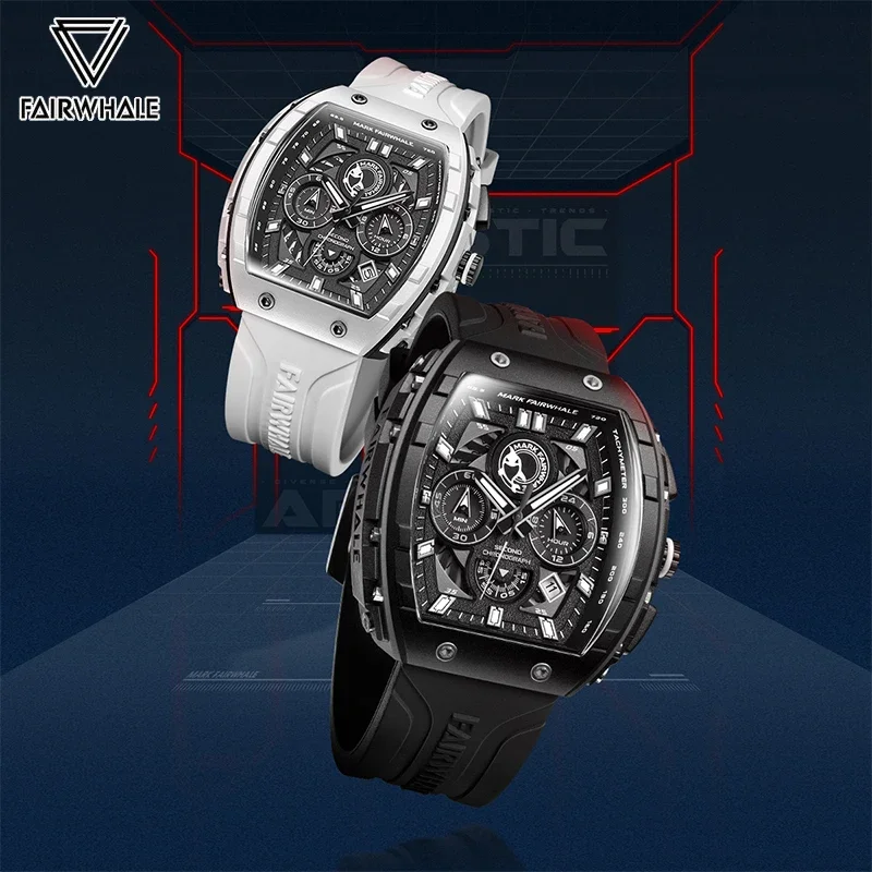 

Moda reloj blanco para hombres Correa deportiva de silicona buceadora reloj de cuarzo luminoso tonneau forma carcasa de resina r