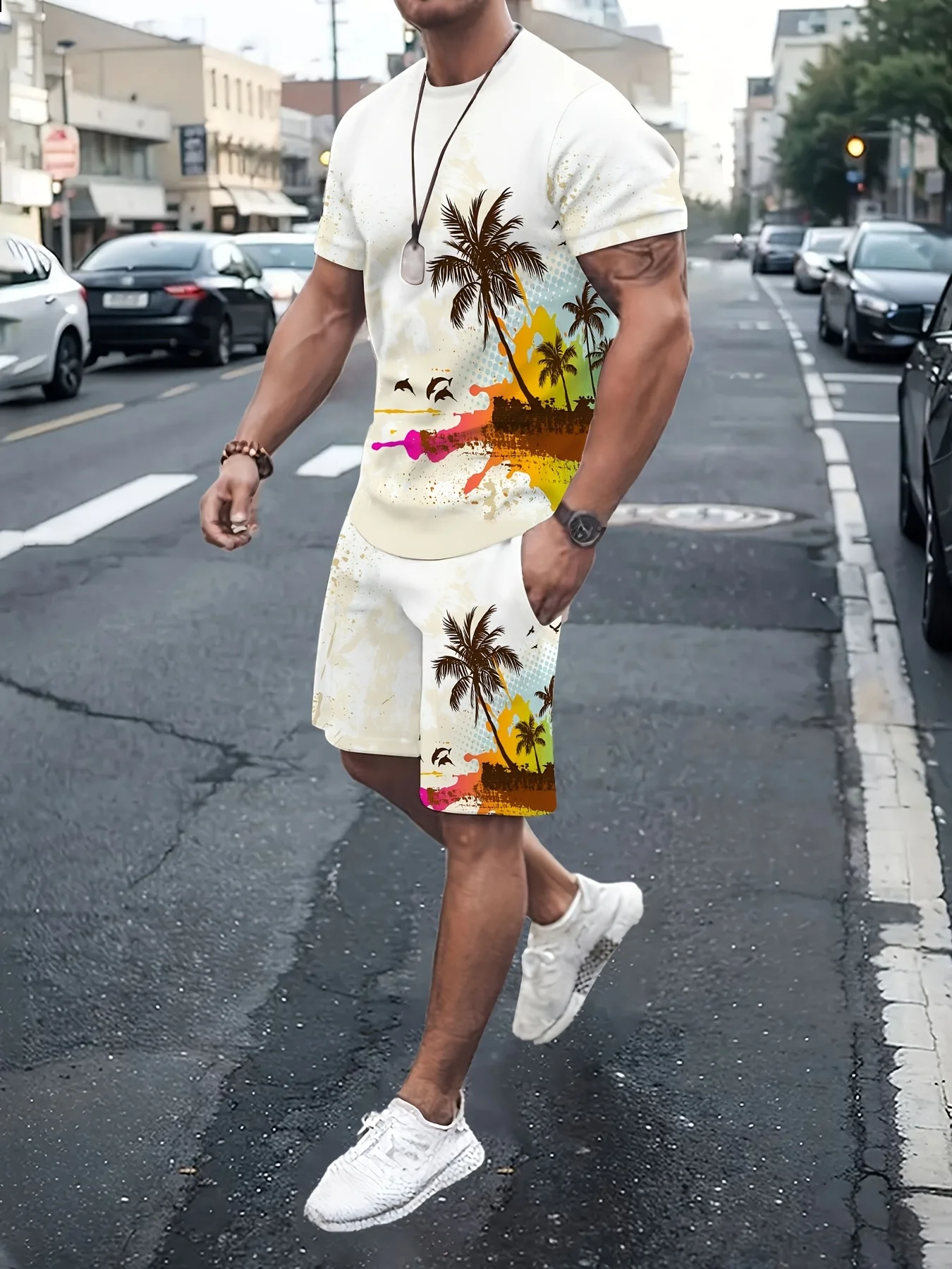 

Summer 2025 new men's casual short-sleeved suit with coconut tree sailboat print, casual and fashionable streetwear with short s