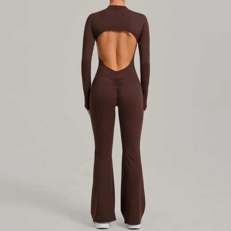 Long Sleeved One Piece Jumpsuit With Stand-up Collar Flared Yoga Bodysuit Wide-leg Seamless Slim Fit Spring Women's Activewear view 5