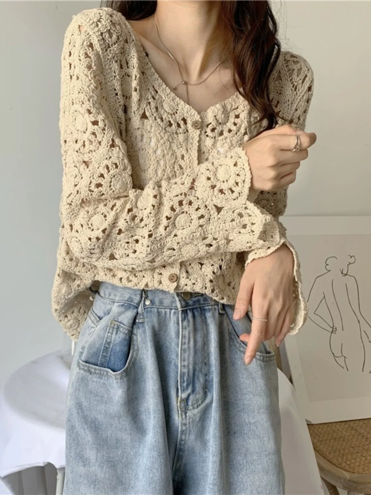 

Bohemian Style Women's Knitted Long Sleeve Lace Hollow out Cardigan Summer New Arrival V-Neck Korean Version Single Button
