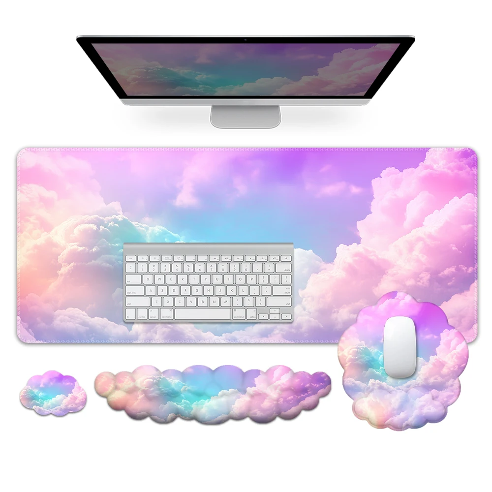 Blue and Pink Cloud Mouse Pad Wrist Pad Four-Piece Set -The mouse pad relieve wrist pain, soft and comfortable